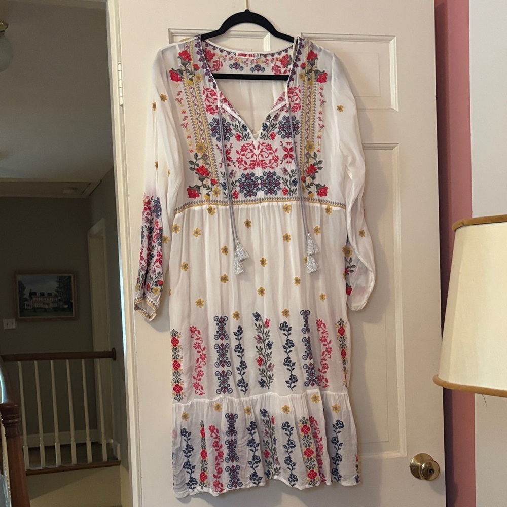 Johnny Was White Embroidered Floral Long Sleeve Dress